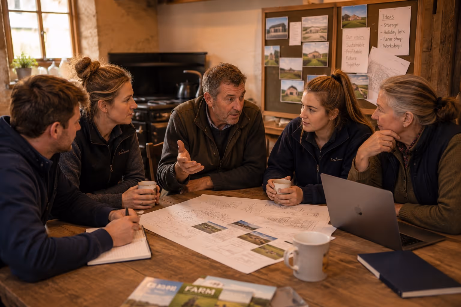Five people sit around a table discussing plans in a rustic room.