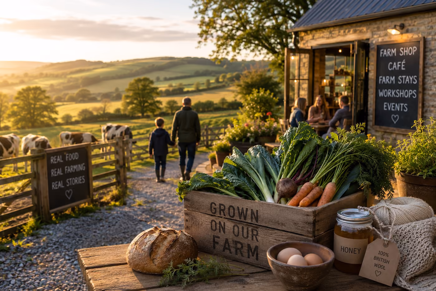 Box of farm vegetables, bread, honey, and wool outside a farm shop with people and cows nearby.