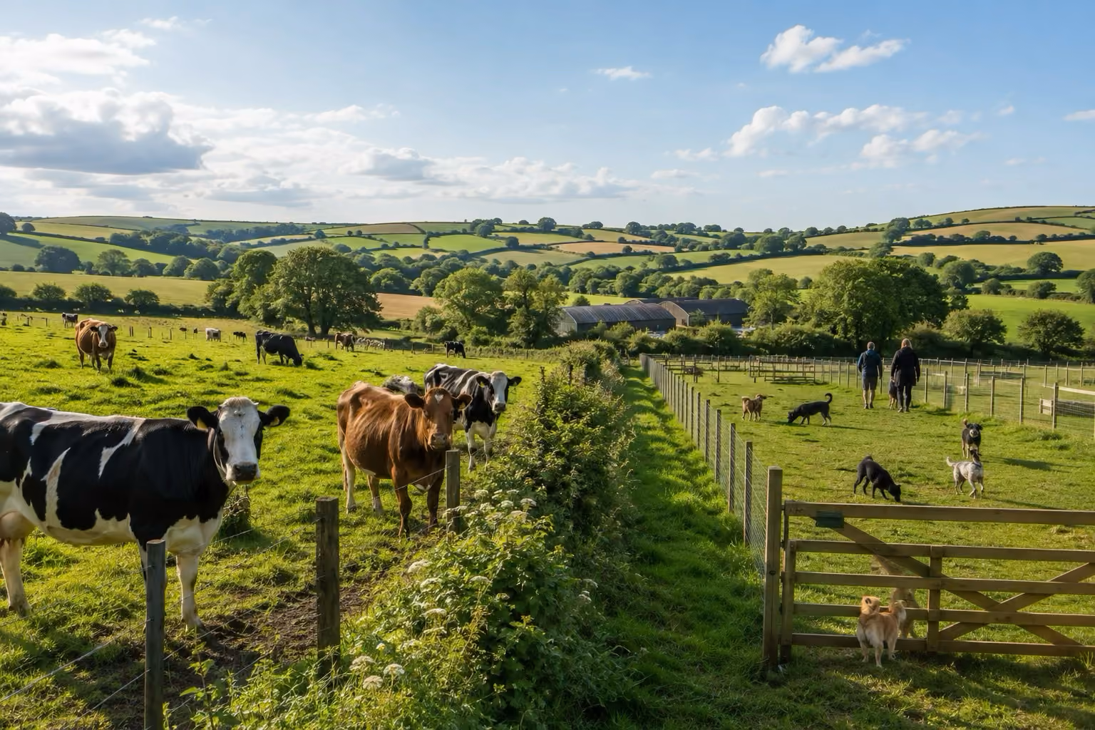 Farmland with cows grazing on the left and dogs playing on the right, two people walking in distance.