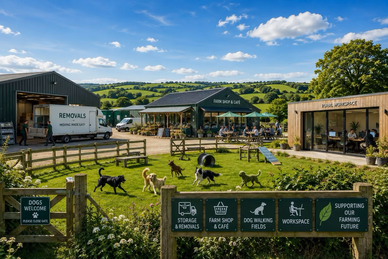 Farm shop cafe with outdoor seating, dog walking fields with dogs, removals truck, and rural workspace.