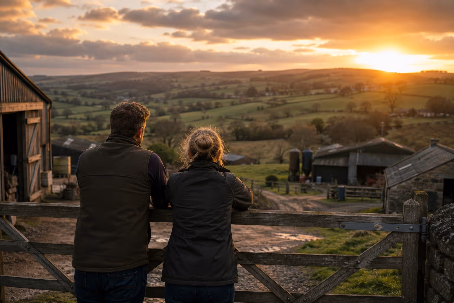 Two people leaning on a wooden gate overlooking a farm landscape at sunset with rolling hills.