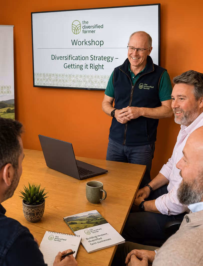 Emlyn giving a presentation about diversification opportunities to three men seated at a conference table.